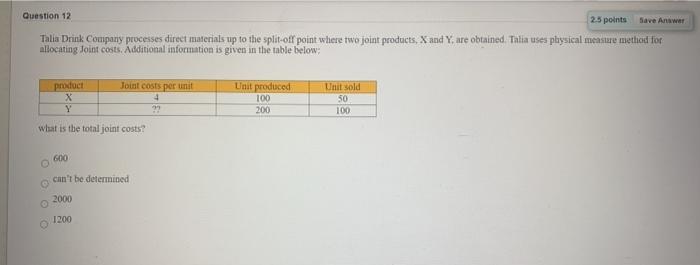  Question 12 2.5 points Save Answer Talia Drink Company processes direct
