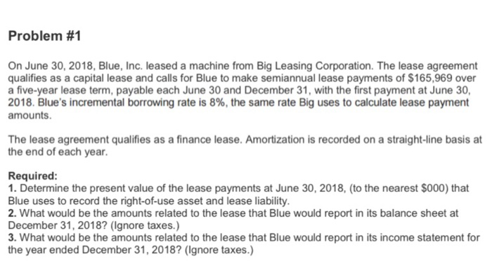  Problem #1 On June 30, 2018, Blue, Inc. leased a machine