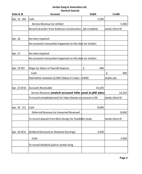 for the companys bank to review using Excel. Jordan Song \& Associates