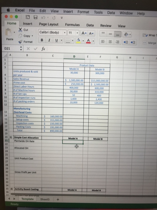  I need help calculating simple cost allocation for plantwide overhead rate,