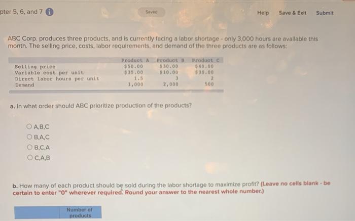  pter 5, 6, and 7 Saved Help Save & Exit Submit