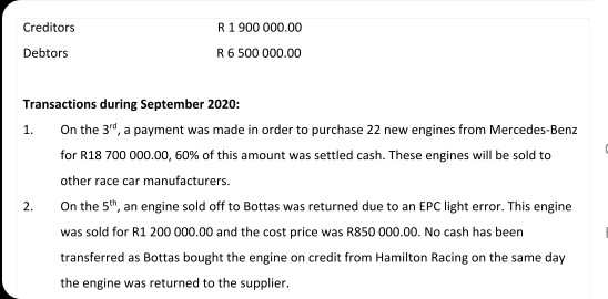 Hamiliton Racing, which sells racing engines. The accountant is on leave in