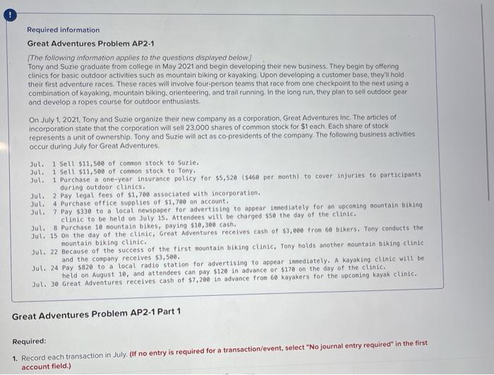 please help with this journal entry Required information Great Adventures Problem AP2-1