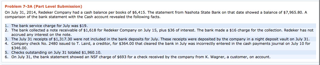 Problem 7-3A (Part Level Submission) On July 31, 2014, Redeker Company