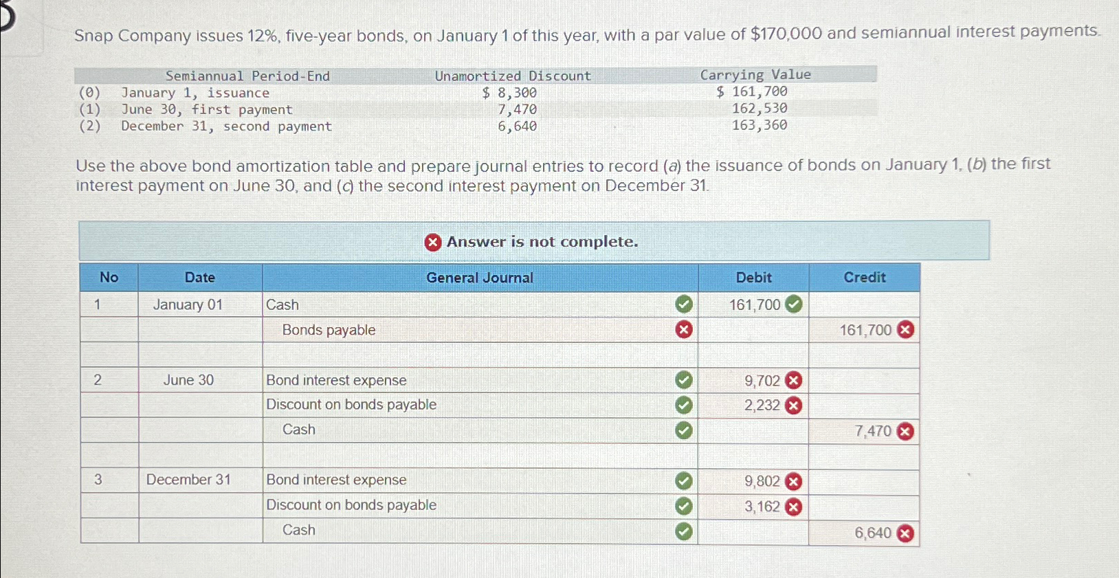  Snap Company issues 12%, five-year bonds, on January 1 of this