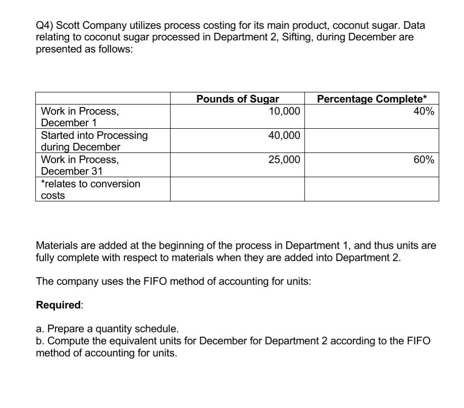  solve asap Q4) Scott Company utilizes process costing for its main
