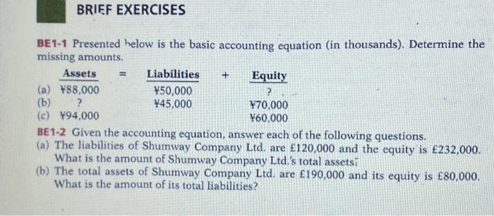  BE1-1 Presented helow is the basic accounting equation (in thousands). Determine