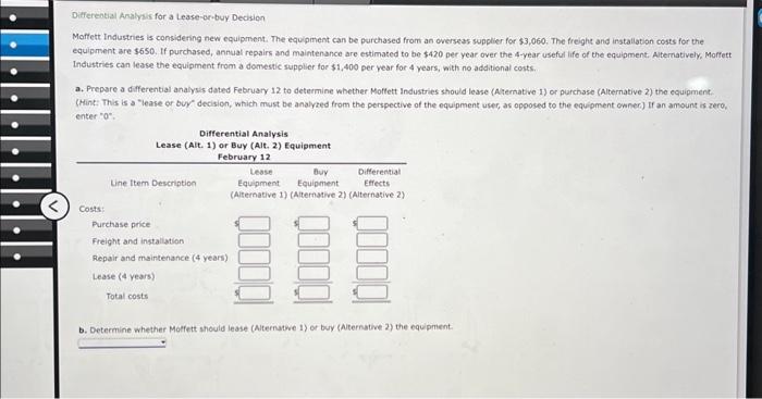  Differeatial Analysis for a Lease-orobuy Decision Moffett Industries is considering new