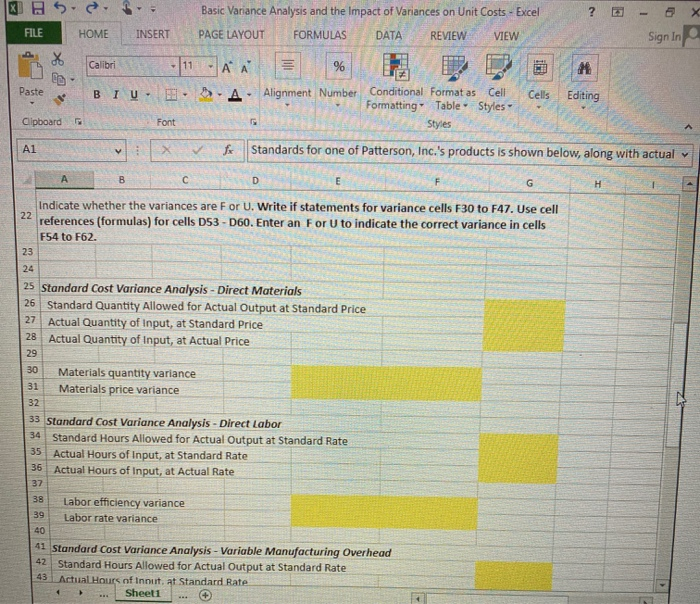 of Variances on Unit Costs - Excel PAGE LAYOUT FORMULAS DATA REVIEW
