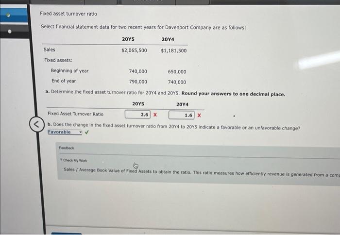  Fixed asset tumover ratio Select financial statement data for two recent