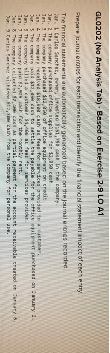 journal Entries GLO202 (No Analysis Tab) - Based on Exercise 2-9 LO