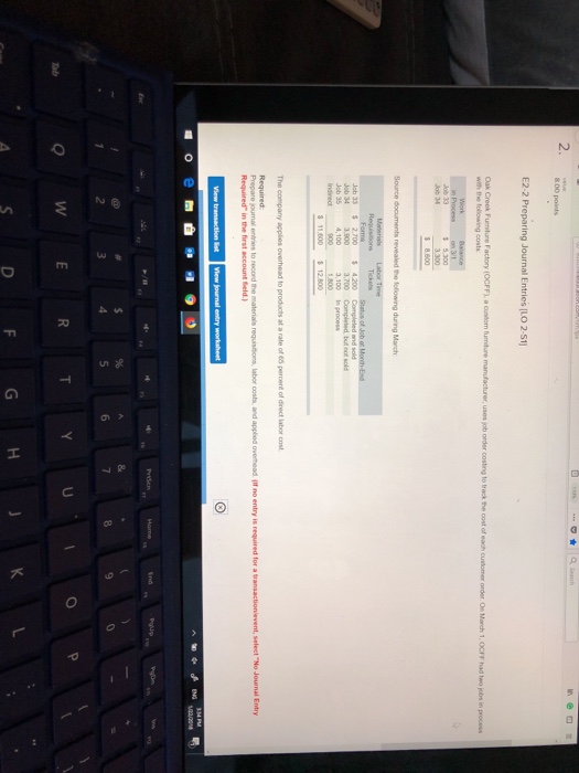  2 800 points E2-2 Preparing Journal Entries [LO 2-S1) with the