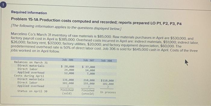 HELP PLEASE Required information Problem 15-1A Production costs computed and recorded; reports
