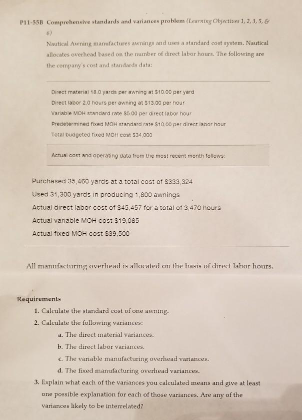 P11-55B P11-55B Comprehensive standards and variances problem (Learning Objectives 1, 2,3,5,& 6)