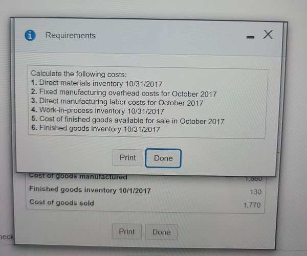 1. Calculate the cost of direct materials inventory 10/31/2017. Direct materials inventory