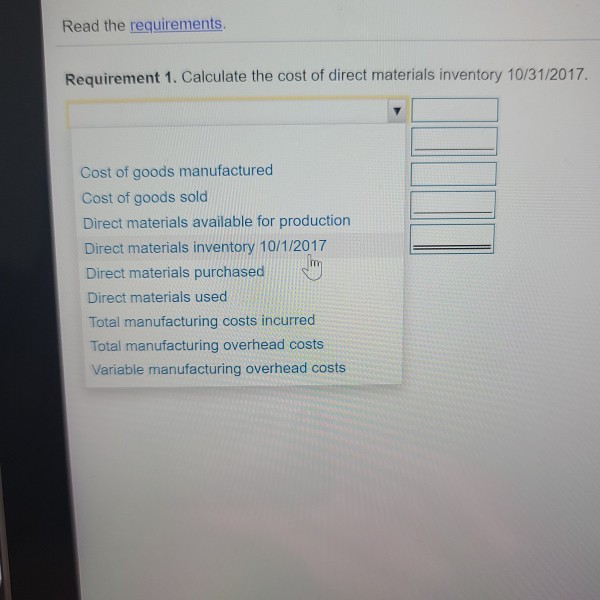 10/31/2017 Data Table $ 105 365 385 450 265 Direct materials inventory