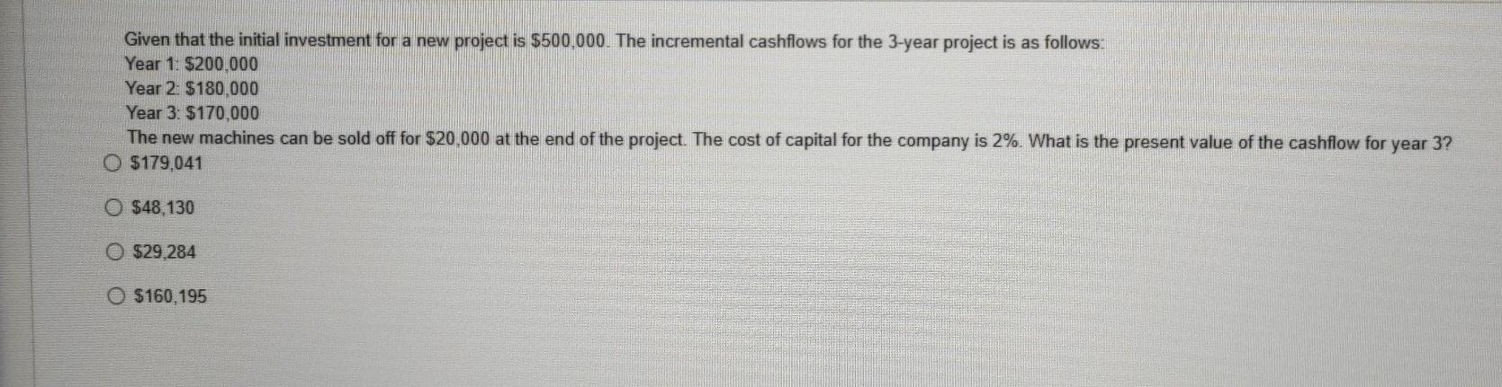  Given that the initial investment for a new project is $500,000.