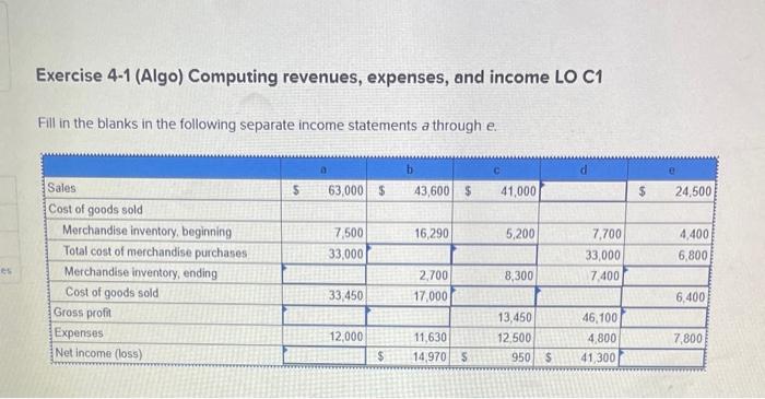 How do you do this Exercise 4-1 (Algo) Computing revenues, expenses, and