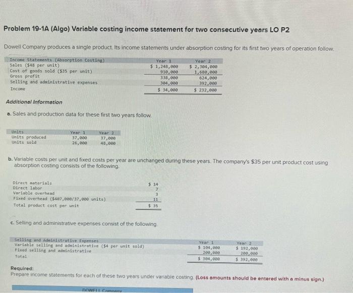  Problem 19-1A (Algo) Variable costing income statement for two consecutive years