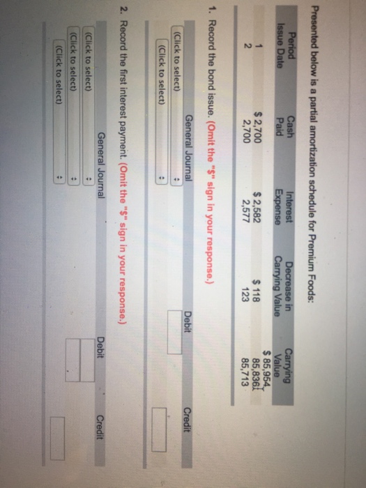  Presented below is a partial amortization schedule for Premium Foods 2