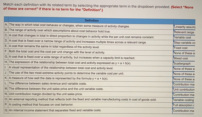  Match each definition with its related term by selecting the appropriate