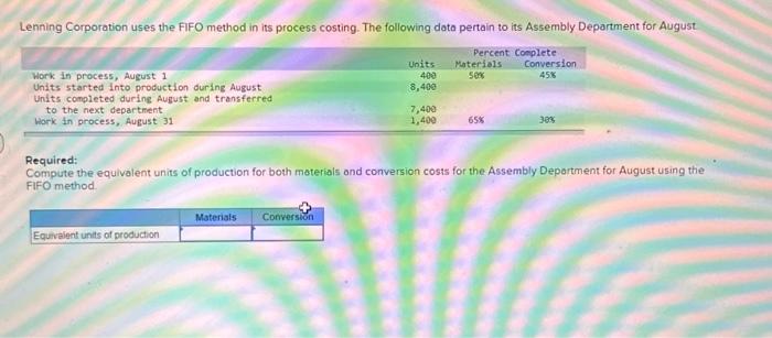  Lenning Corporation uses the FIFO method in its process costing. The