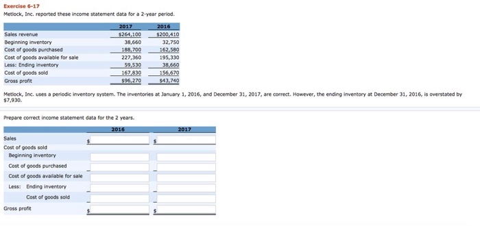  Exercise 6-17 Metock, Inc. reported these income statement data for a
