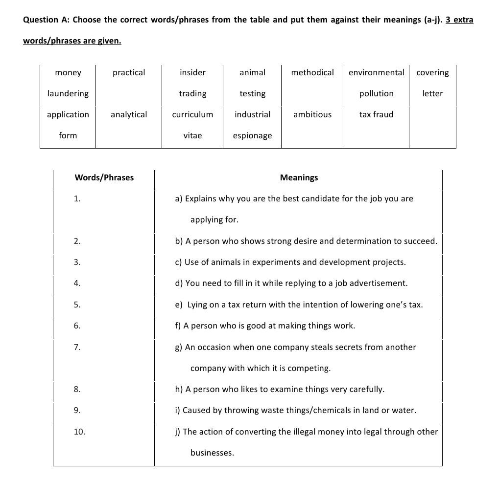  Question A: Choose the correct words/phrases from the table and put
