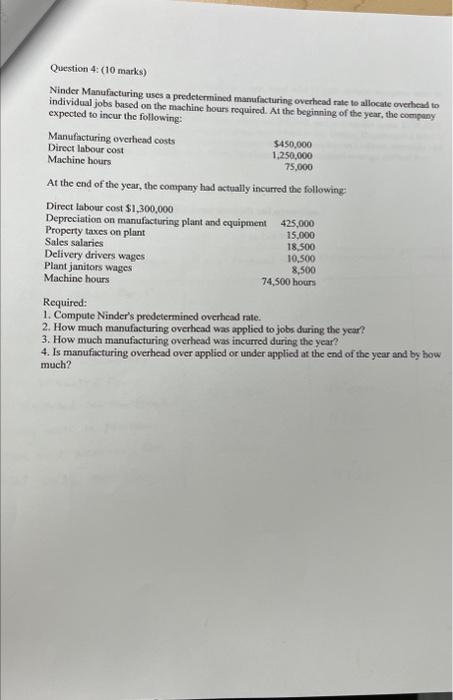  Question 4: (10 marks) Ninder Manufacturing uses a predetermined manufacturing overhead