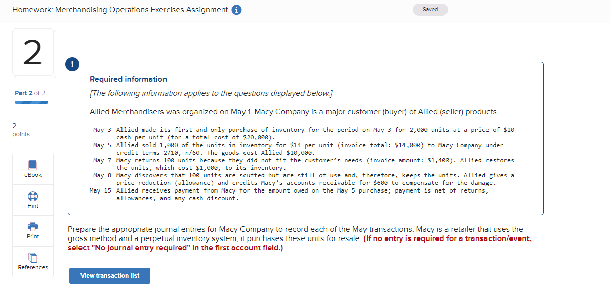  Homework: Merchandising Operations Exercises Assignment i 1 Required information [The following