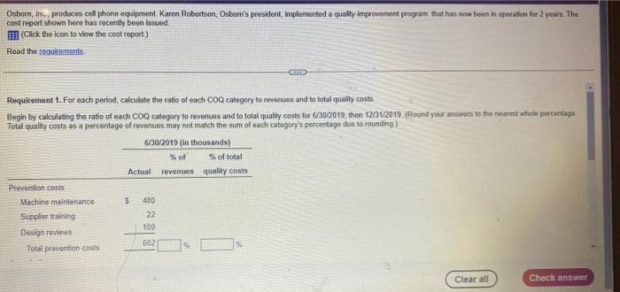  cost report shown here has recenthy been issued (Click the icon