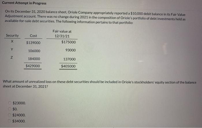  Current Attempt in Progress Onits December 31, 2020 balance sheet, Oriole