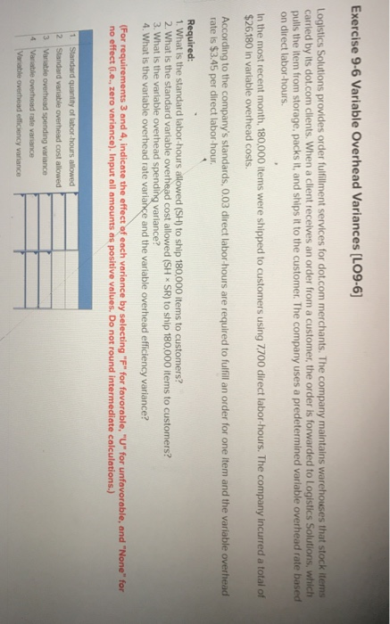  Exercise 9-6 Variable Overhead Variances [LO9-6 Logistics Solutions provides order fulfillment
