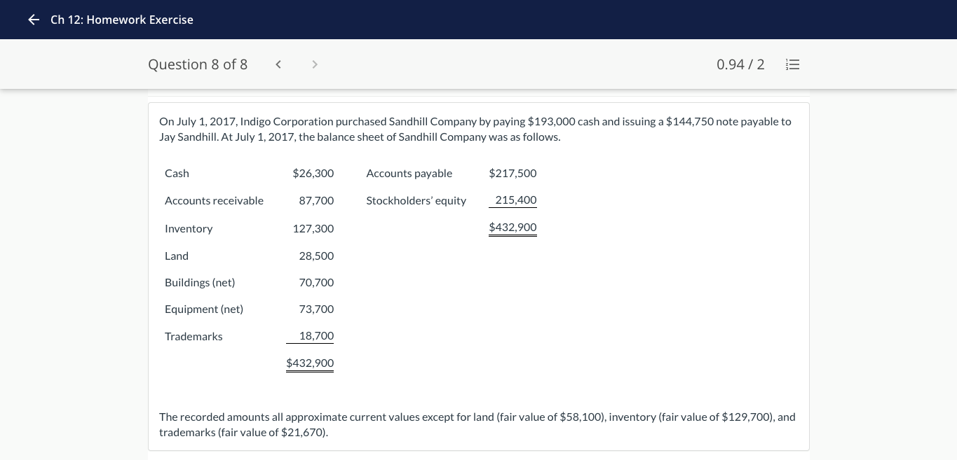 Help me solve goodwill please! + Ch 12: Homework Exercise Question 8