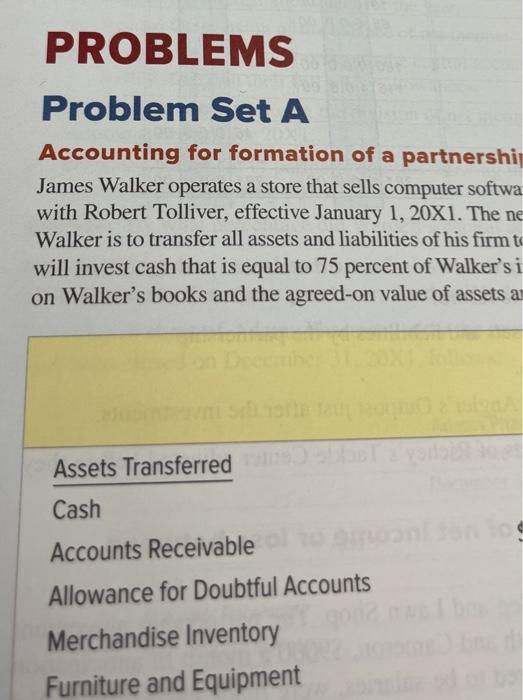  PROBLEMS Problem Set A Accounting for formation of a partnership James