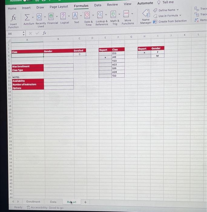 class to report on and an ' x ' in range H4:H5