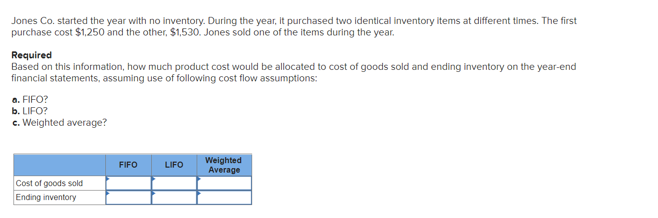  Jones Co. started the year with no inventory. During the year,