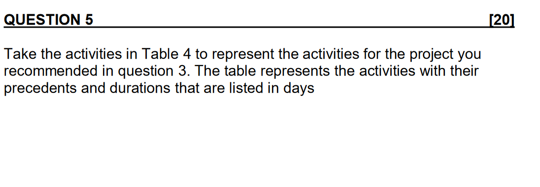 Take the activities in Table 4 to represent the activities for