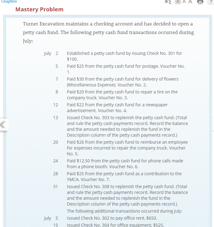 Just question #3 please Chapters Mastery Problem Turner Excavation maintains a checking