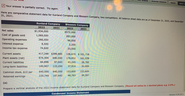 here are compartive statements PRINTER VERSION NEXT Your answer is partially correct.
