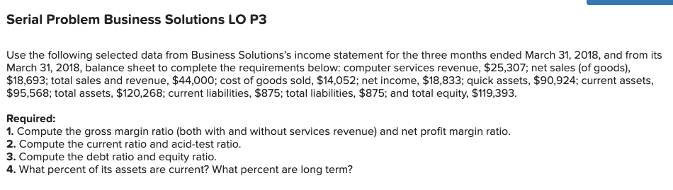 Serial Problem Business Solutions LO P3 Use the following selected data