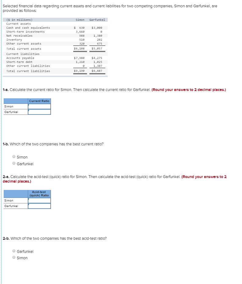 13. Selected financial data regarding current assets and current liabilities for two