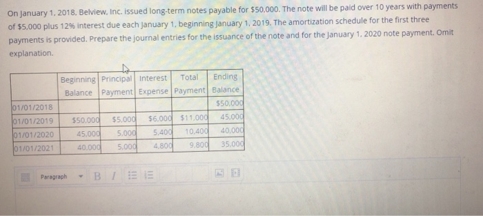  On January 1, 2018, Belview, Inc. issued long-term notes payable for