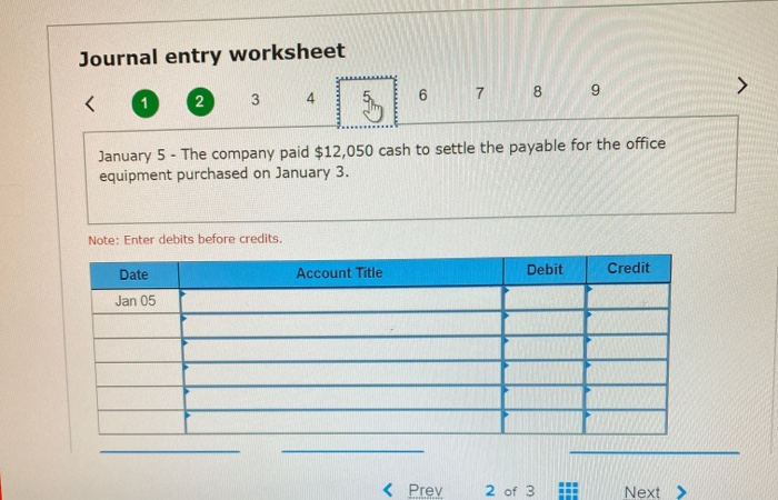 cash. Jan. 3 The company purchased $12,050 of office equipment on credit.