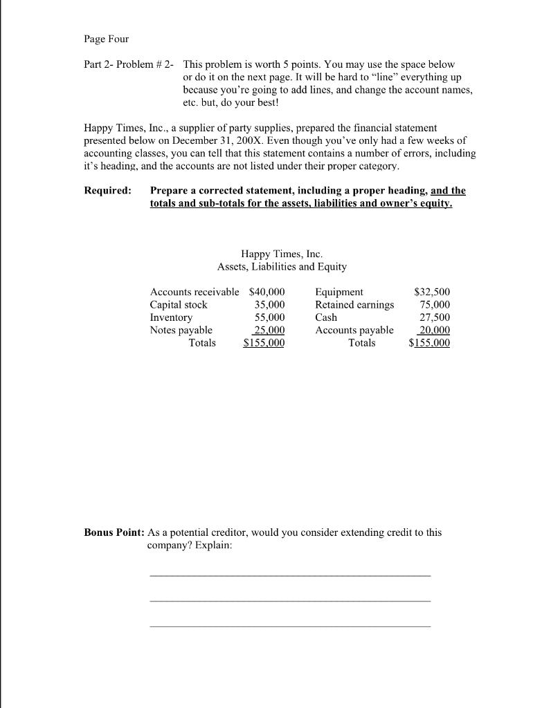  Page Four Part 2- Problem #2- This problem is worth 5