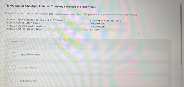 production of one of its products Compute the direct labol rate variance: