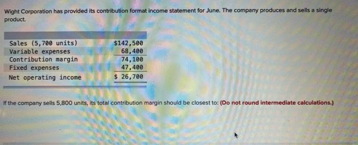  Wight Corporation has provided its contribution format income statement for June.