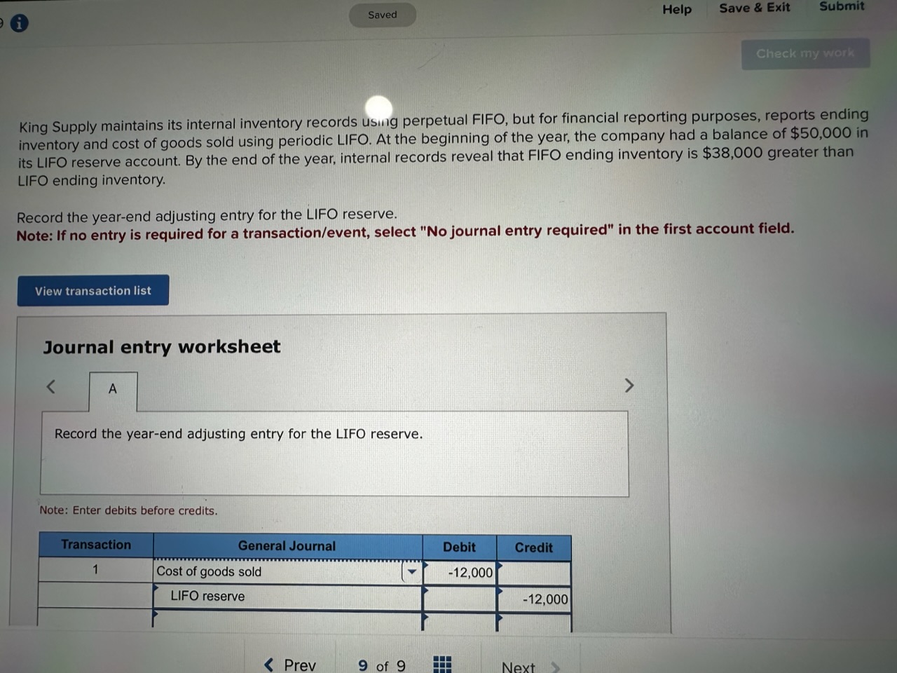 King Supply maintains its internal inventory records using perpetual FIFO, but