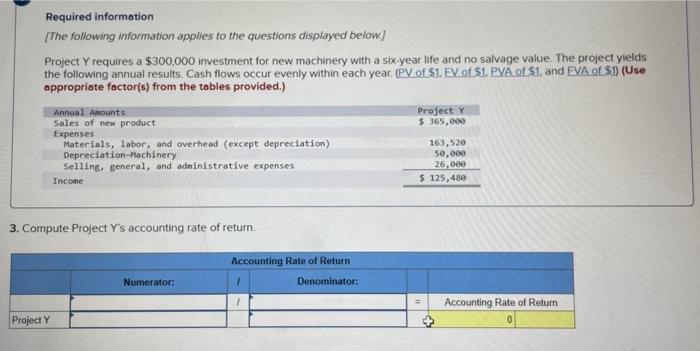 following information applies to the questions displayed below] Project Y requires a