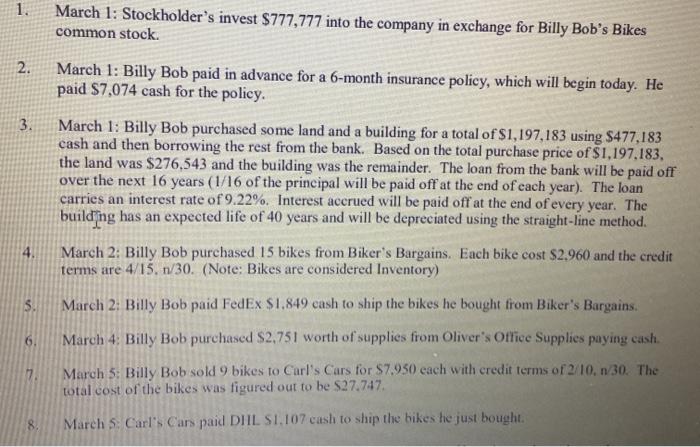 journal entries 1. March 1: Stockholder's invest $777,777 into the company in